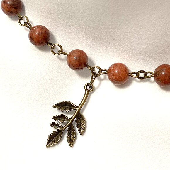 Genuine Red Jasper Short Necklace, Cute Bronze Leaf Branch + Natural Gemstone - Picture 1 of 14